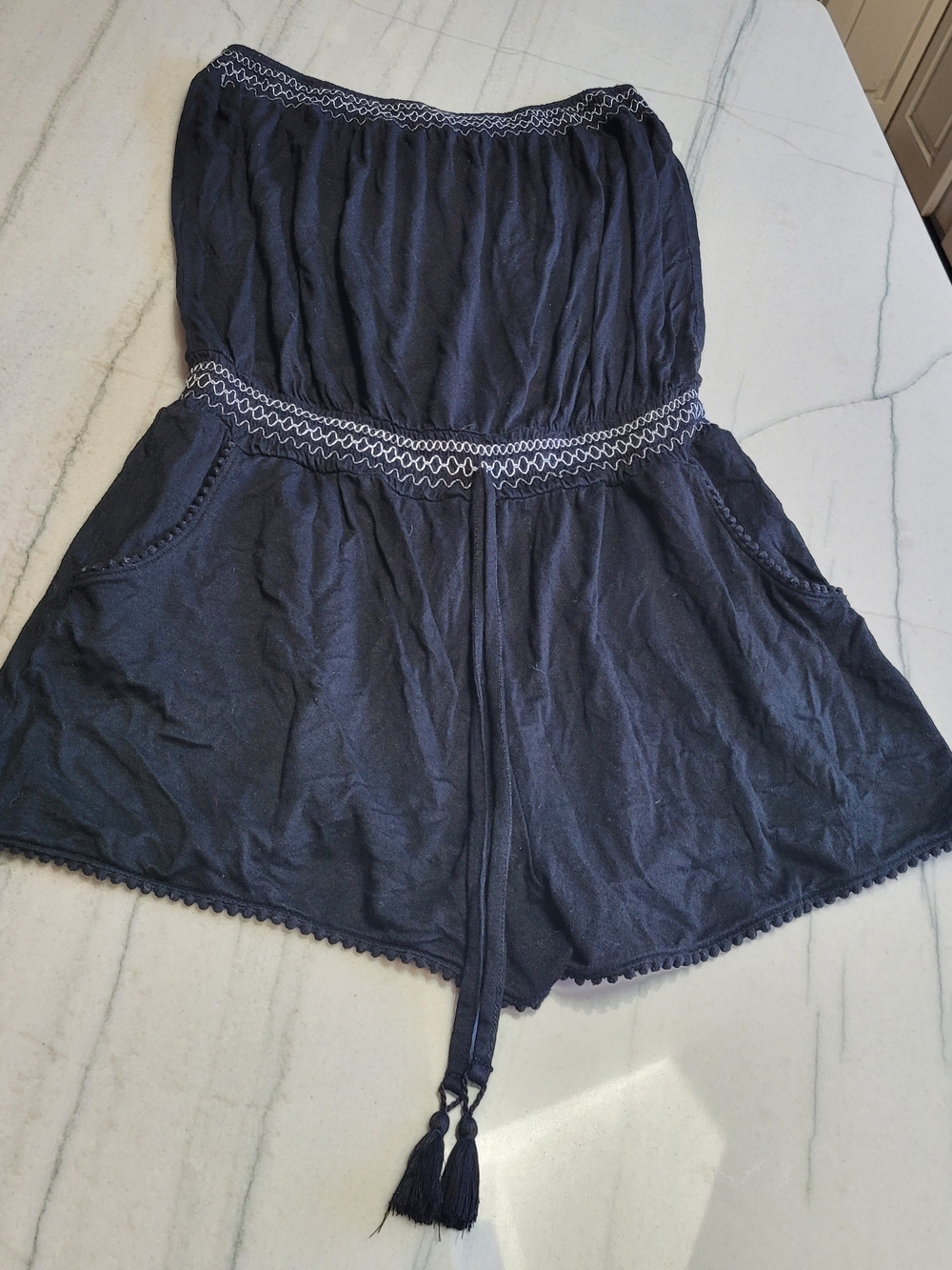 La Vie En Rose Navy Strapless Romper with Tassel Tie